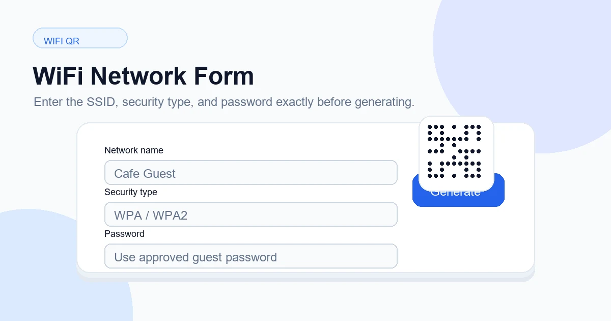 WiFi QR code generator form with network name security type and password fields